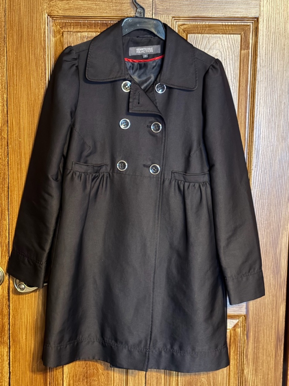 Kenneth Cole Reaction Black Double-Breasted Trench Coat with Red Lining Detail